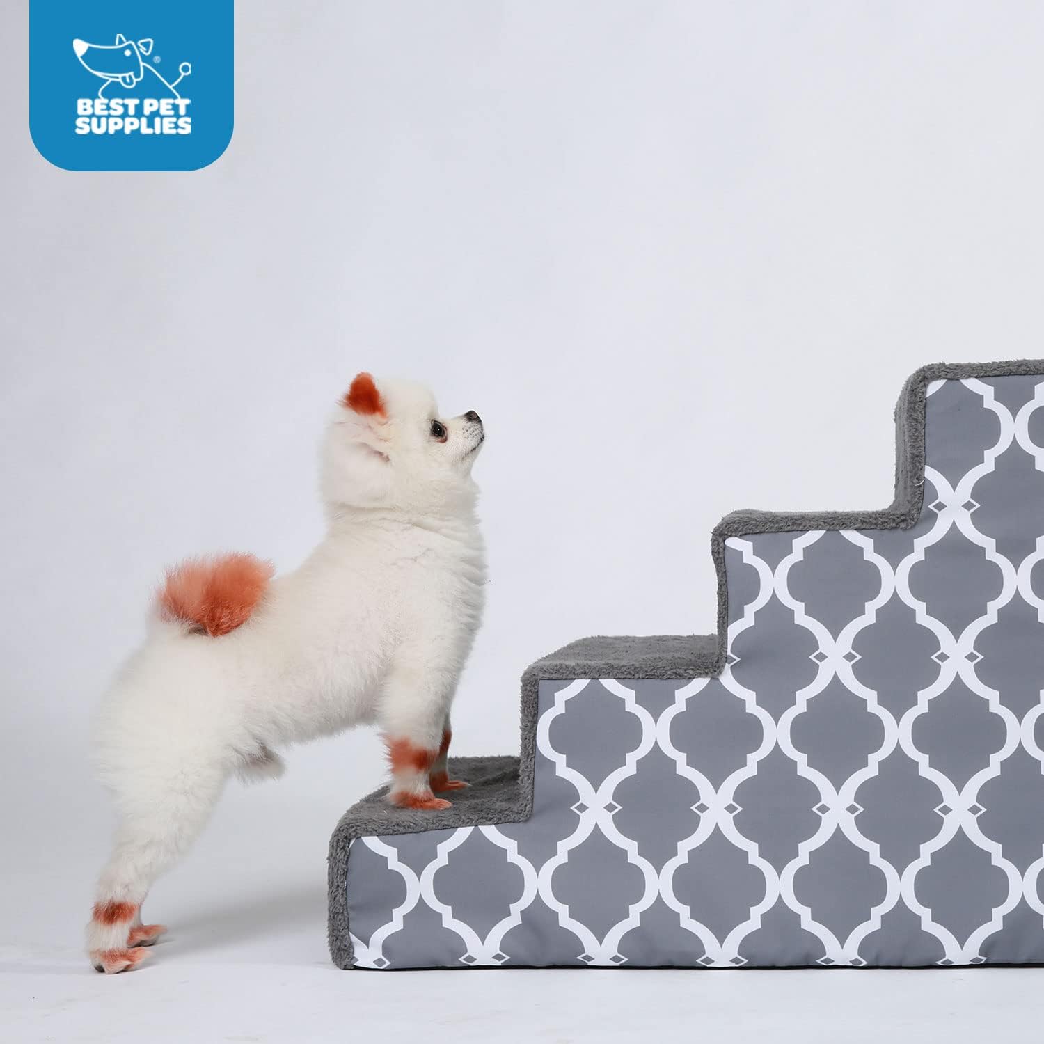 Best Pet Supplies Foam Pet Steps for Small Dogs and Cats, Portable Ramp Stairs for Couch, Sofa, and High Bed Climbing, Non-Slip Balanced Indoor Step Support, Paw Safe - Gray Lattice Print, 3-Step-4