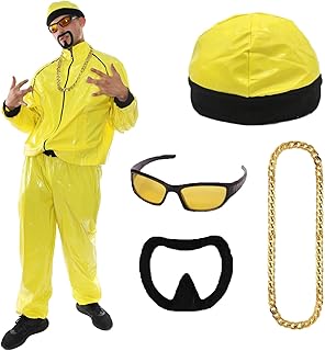 90s Celebrity Costume - Adults Yellow & Black Shell Suit + Matching Hat + Sunglasses + Gold Chain + Black Goatee - Funny Rapper Halloween Stag Do Fancy Dress Costume (Size: Large)