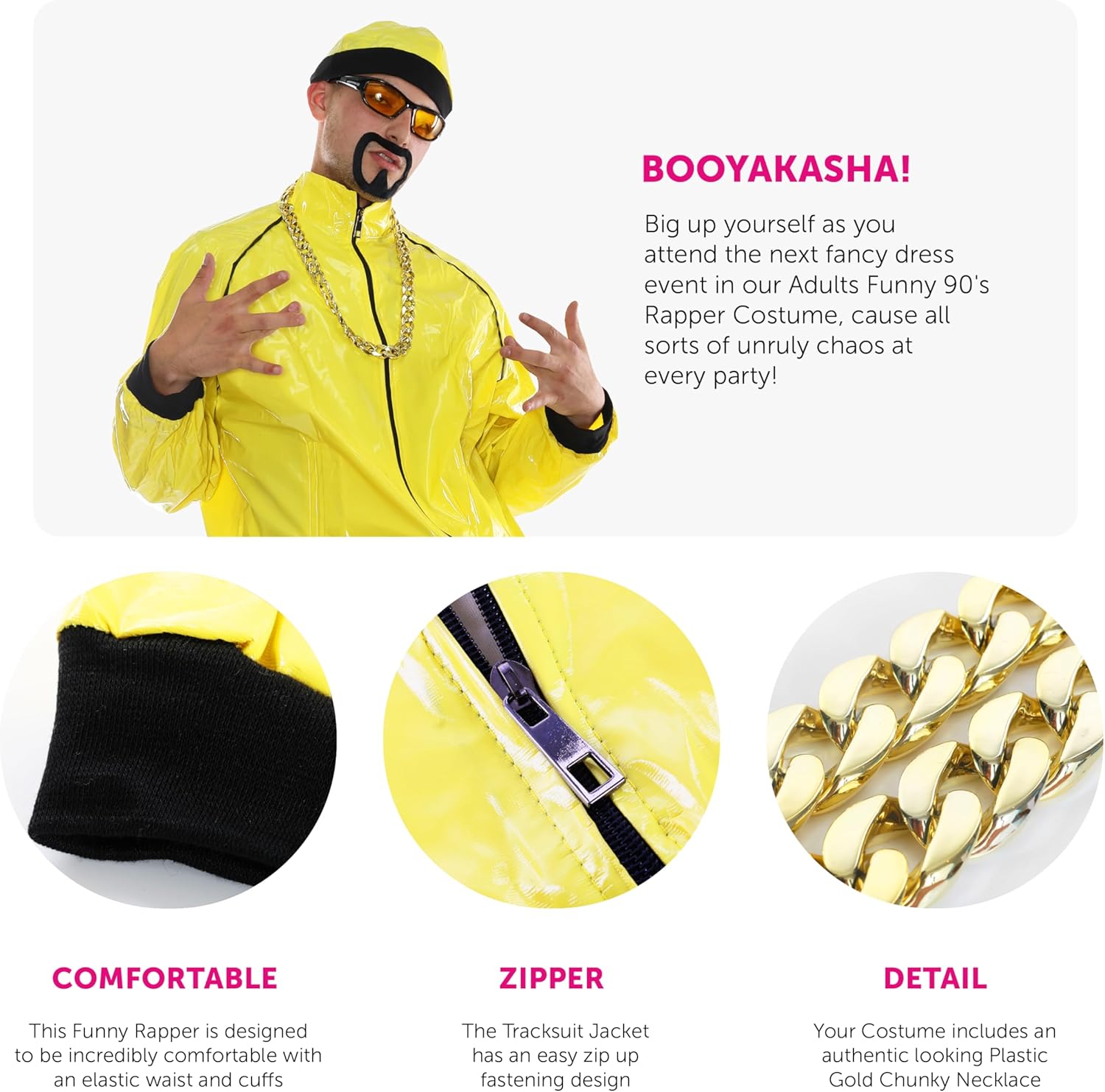 90s Celebrity Costume - Adults Yellow & Black Shell Suit + Matching Hat + Sunglasses + Gold Chain + Black Goatee - Funny Rapper Halloween Stag Do Fancy Dress Costume (Size: Large)-1