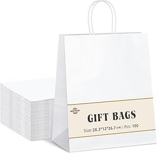 Switory Small Paper Bags with Handles, 100pcs White Gift Bags and Party Thank You Bags for Party Favor,Christian,Thanksgiving, Christmas, Birthday,Wedding,8x4.75x10.5 Inch,