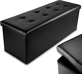 Nyxi Faux Leather 110 * 38 * 38cm Black Ottoman Foldable Storage Boxes Seat Foot Stool Storage Box with Lids for Kids Toys, Bedroom, Hallway, Living Room