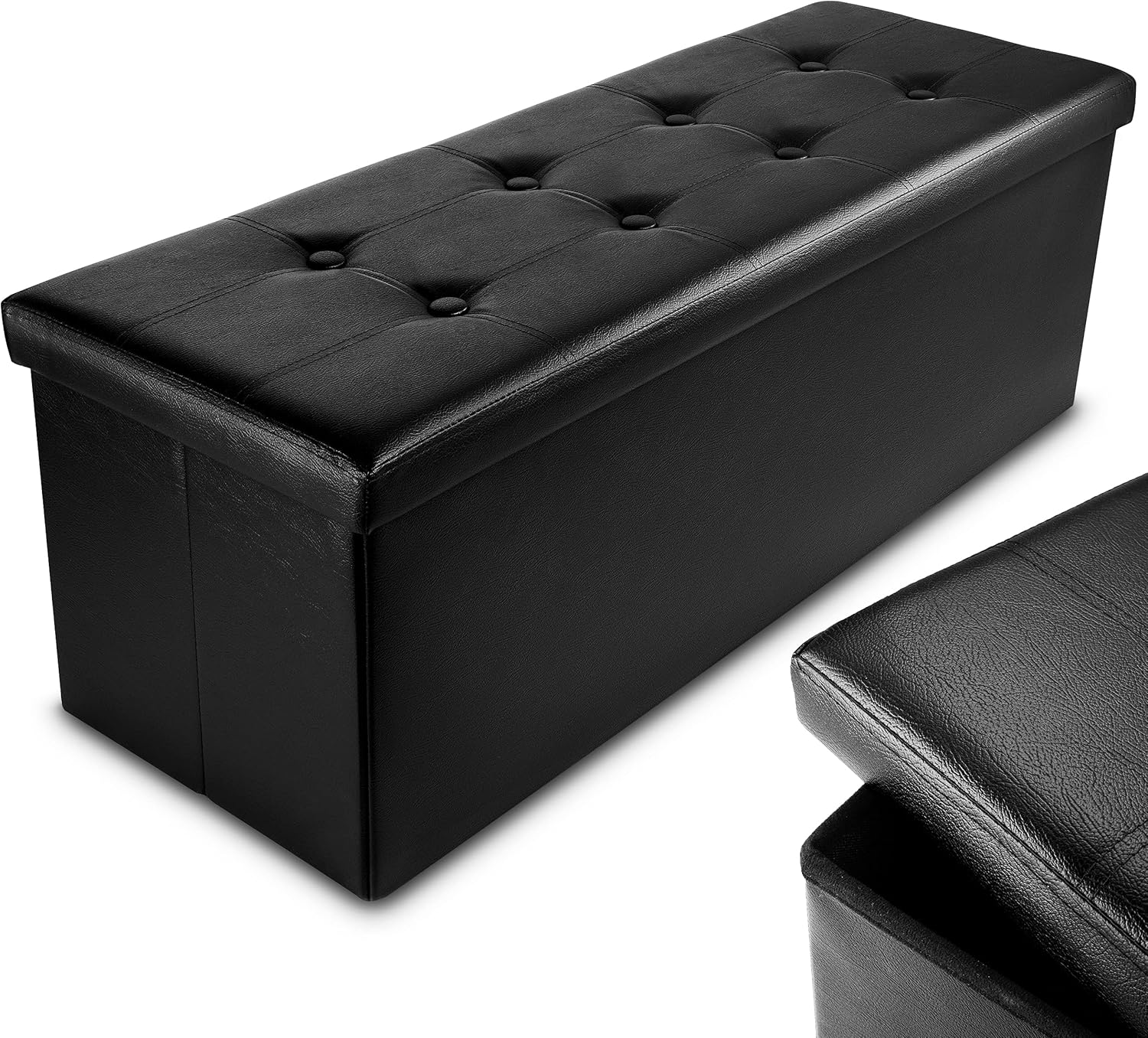 Nyxi Faux Leather 110 * 38 * 38cm Black Ottoman Foldable Storage Boxes Seat Foot Stool Storage Box with Lids for Kids Toys, Bedroom, Hallway, Living Room-0