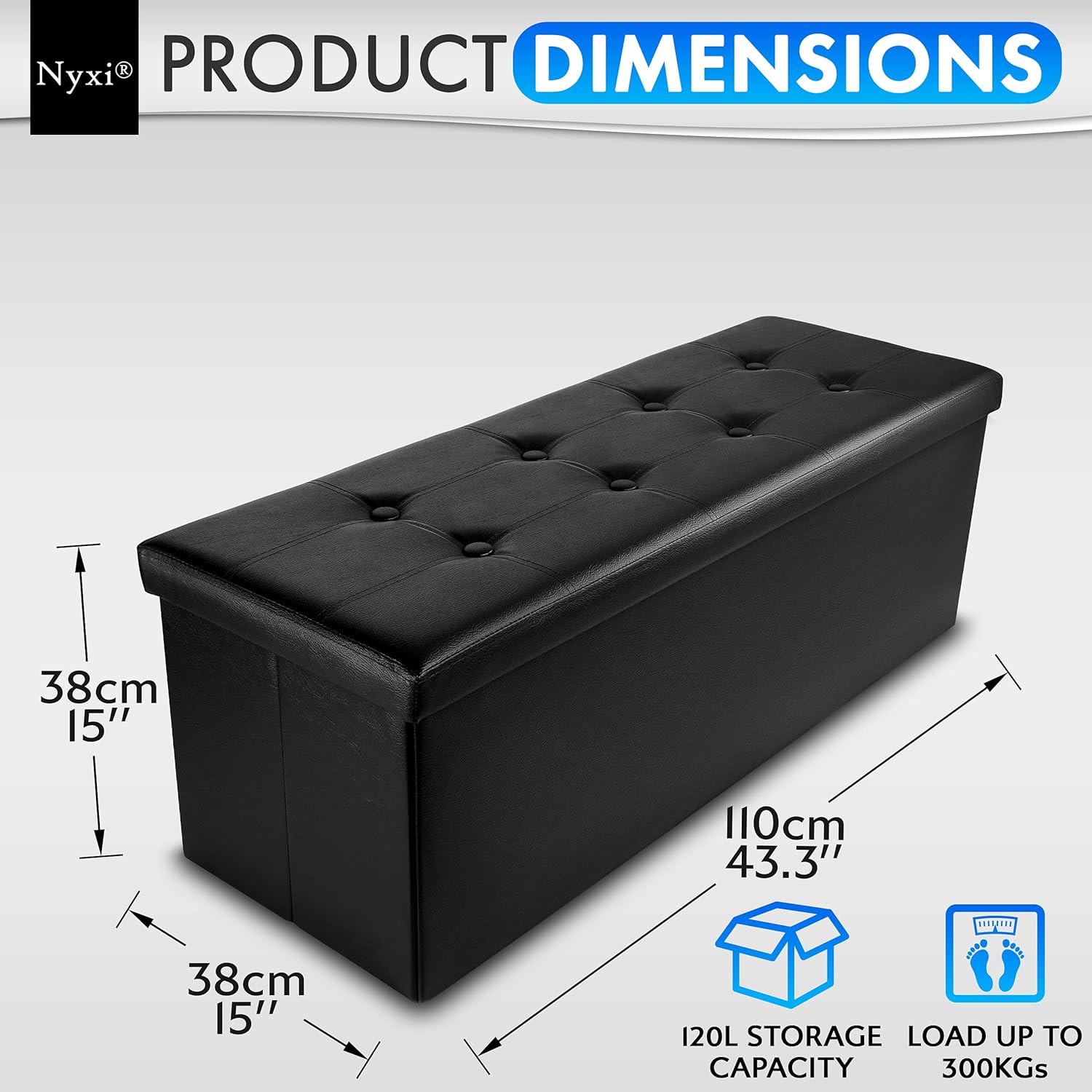 Nyxi Faux Leather 110 * 38 * 38cm Black Ottoman Foldable Storage Boxes Seat Foot Stool Storage Box with Lids for Kids Toys, Bedroom, Hallway, Living Room-2