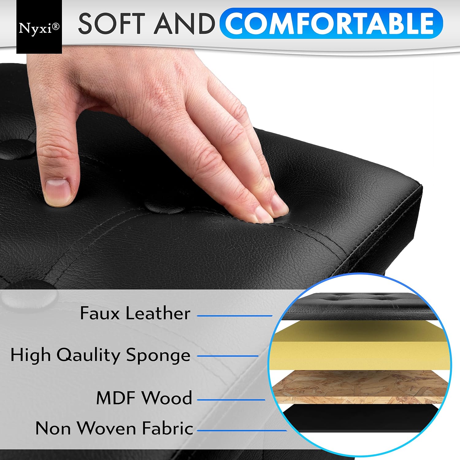 Nyxi Faux Leather 110 * 38 * 38cm Black Ottoman Foldable Storage Boxes Seat Foot Stool Storage Box with Lids for Kids Toys, Bedroom, Hallway, Living Room-3