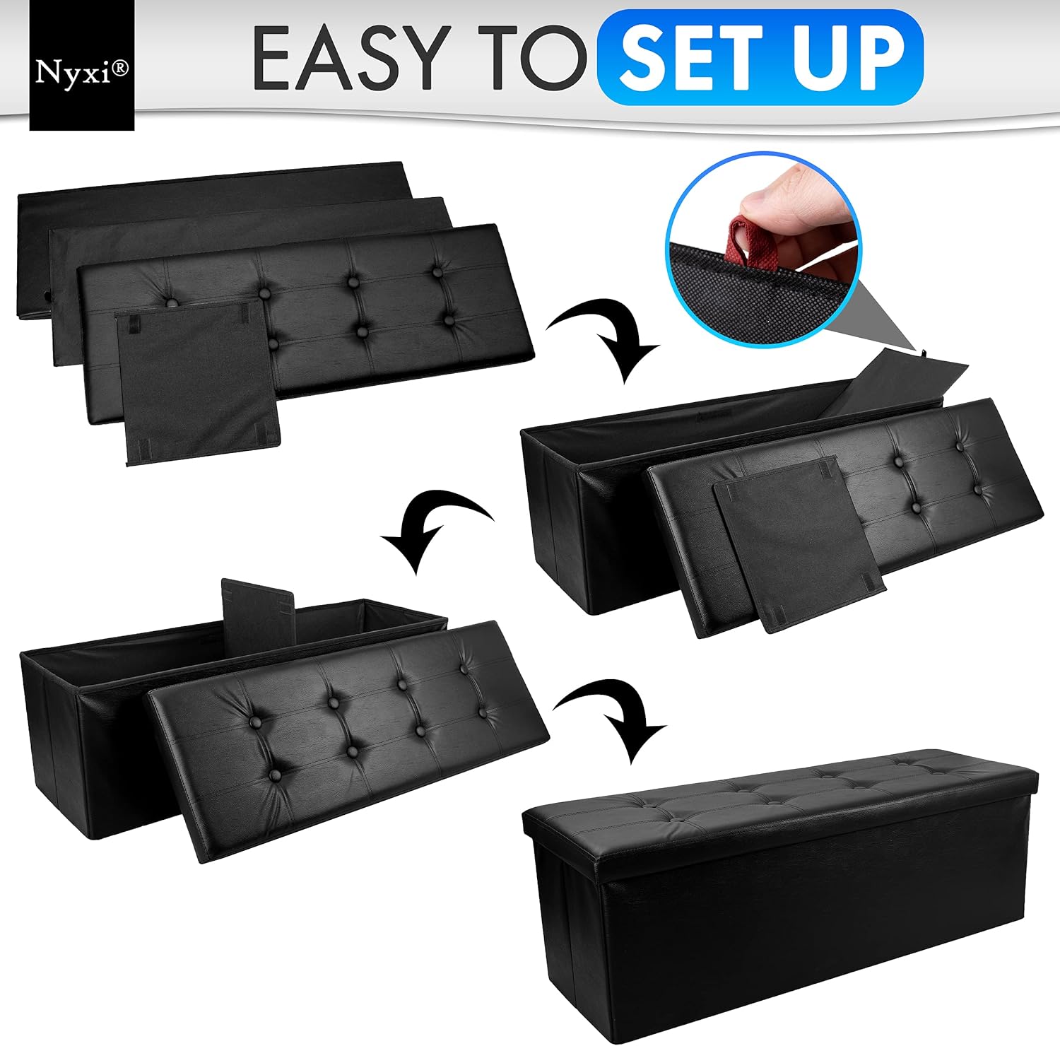 Nyxi Faux Leather 110 * 38 * 38cm Black Ottoman Foldable Storage Boxes Seat Foot Stool Storage Box with Lids for Kids Toys, Bedroom, Hallway, Living Room-5