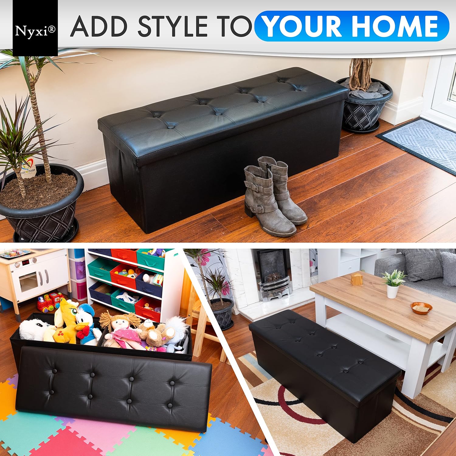 Nyxi Faux Leather 110 * 38 * 38cm Black Ottoman Foldable Storage Boxes Seat Foot Stool Storage Box with Lids for Kids Toys, Bedroom, Hallway, Living Room-6