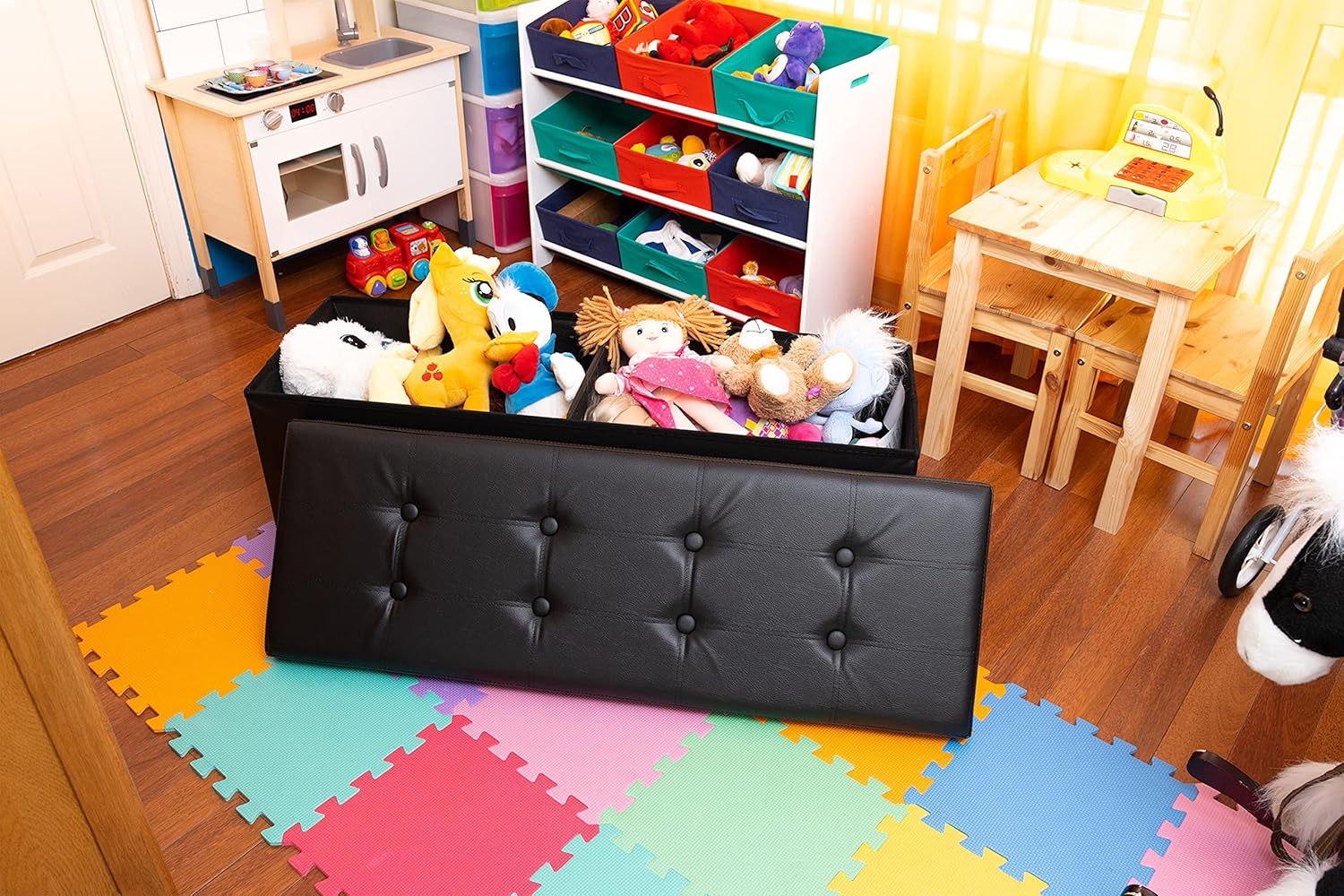 Nyxi Faux Leather 110 * 38 * 38cm Black Ottoman Foldable Storage Boxes Seat Foot Stool Storage Box with Lids for Kids Toys, Bedroom, Hallway, Living Room-7