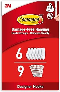 Command Medium Designer Hooks, White - Pack of 6 Hooks and 9 Adhesive Strips - Damage Free Hanging - Holds up to 1.3kg