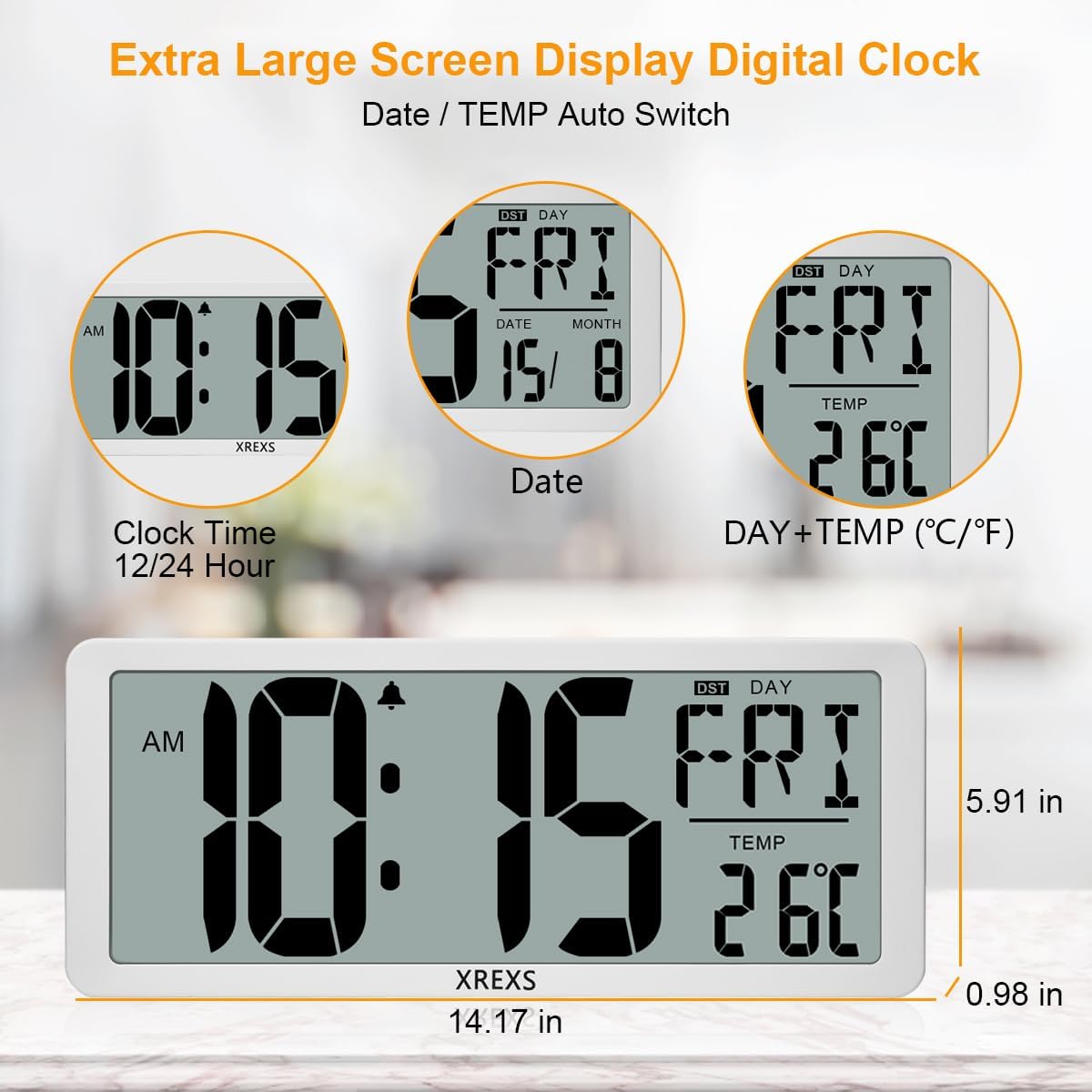 XREXS Large Digital Wall Clock, 14 Inch Large LCD Display Wall Digital Clock, Digital Alarm Clocks for Bedroom Home Decor, Calendar Clock with Time/Calendar/Temperature Display (Batteries Included)-1