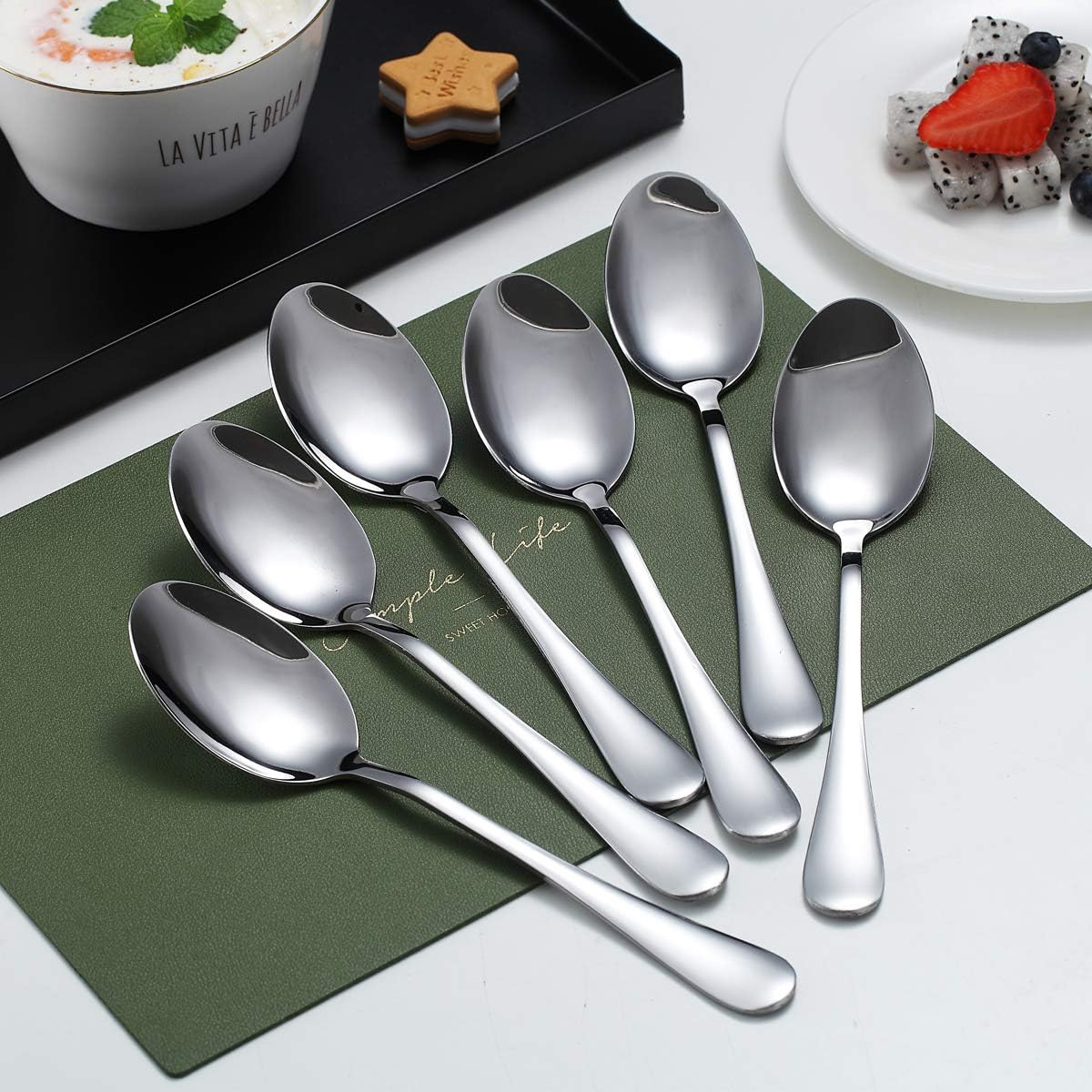 Dinner Spoons, Kyraton 6 Pieces 19cm Stainless Steel Table Spoon, Soup Spoons, Dessert Spoons Sliverware Dishwasher Safe Set of 6-1