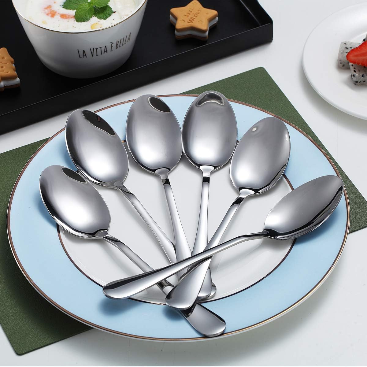 Dinner Spoons, Kyraton 6 Pieces 19cm Stainless Steel Table Spoon, Soup Spoons, Dessert Spoons Sliverware Dishwasher Safe Set of 6-2