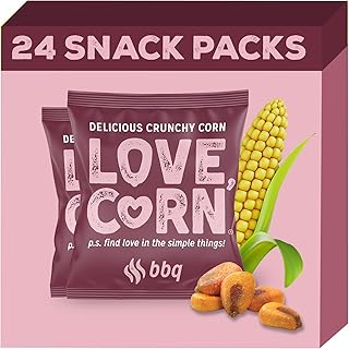 LOVE CORN BBQ Crunchy Corn Snack 20g x 24 Bags – Healthy Snacks Ideal for Gluten Free & Vegan Diets – Low Sugar Alternative for Crisps, Mixed Nuts & Pretzels – Perfect To Graze On