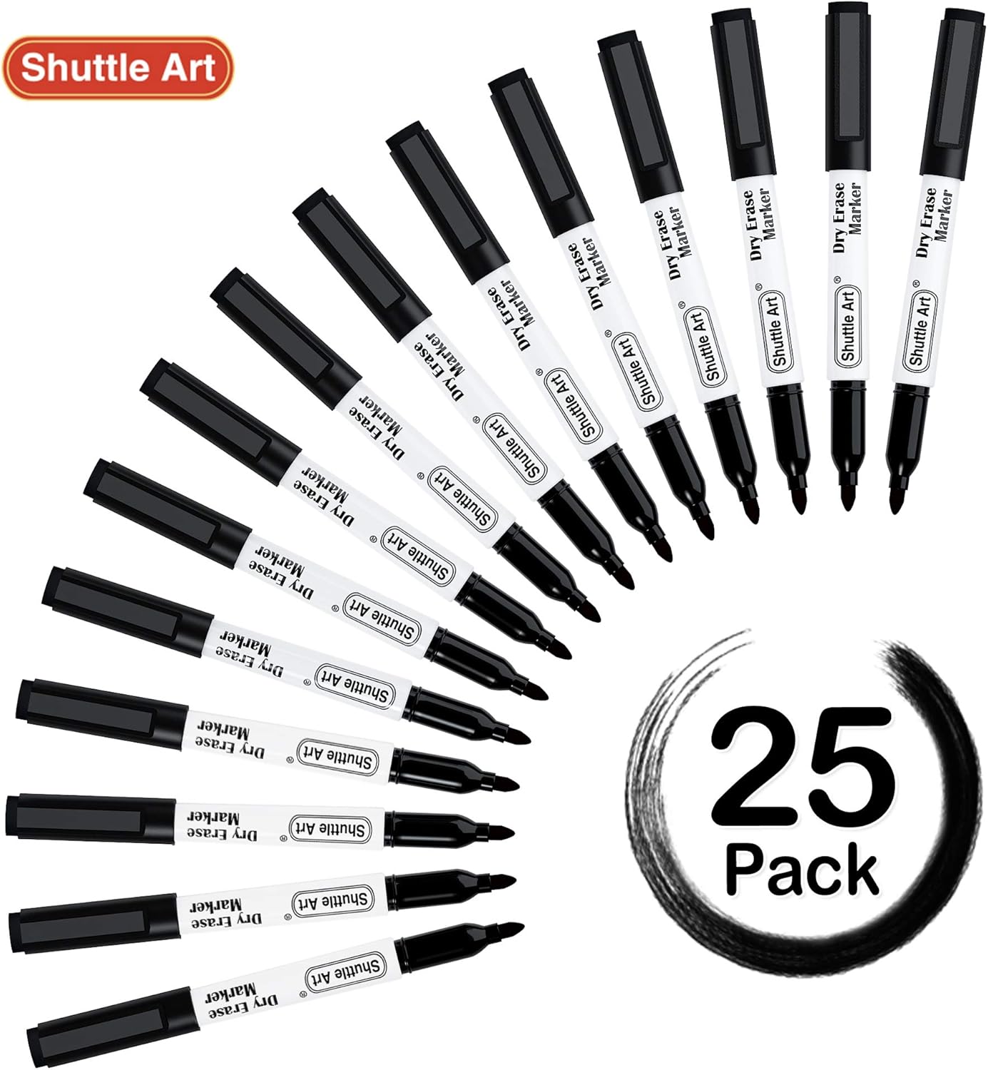 Magnetic Whiteboard Pens Black, Shuttle Art 25 Pack Black Whiteboard Markers with Erase, Fine Point Dry Wipe Markers for Writing on Whiteboards, Planner, Glass for School Office Home-1