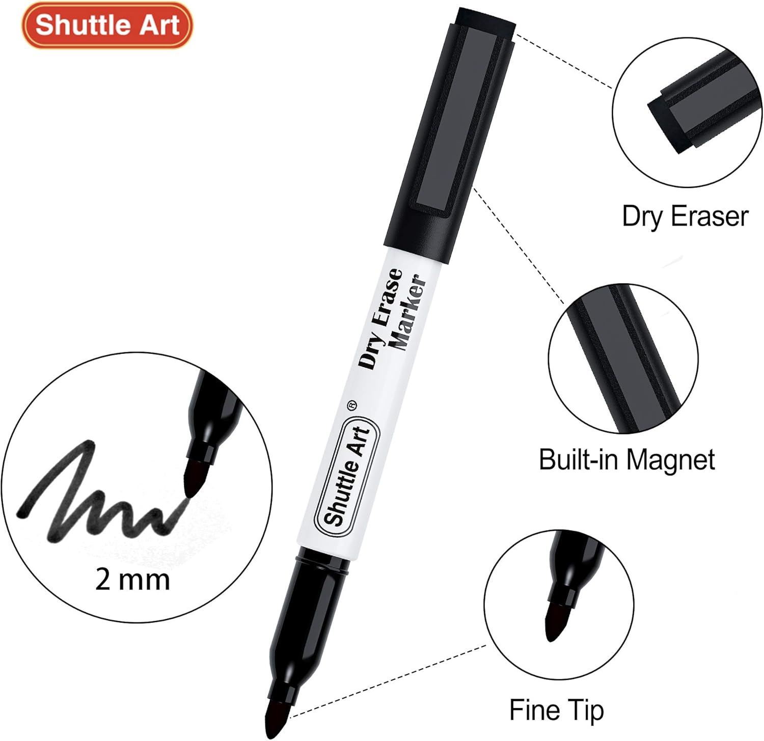 Magnetic Whiteboard Pens Black, Shuttle Art 25 Pack Black Whiteboard Markers with Erase, Fine Point Dry Wipe Markers for Writing on Whiteboards, Planner, Glass for School Office Home-2