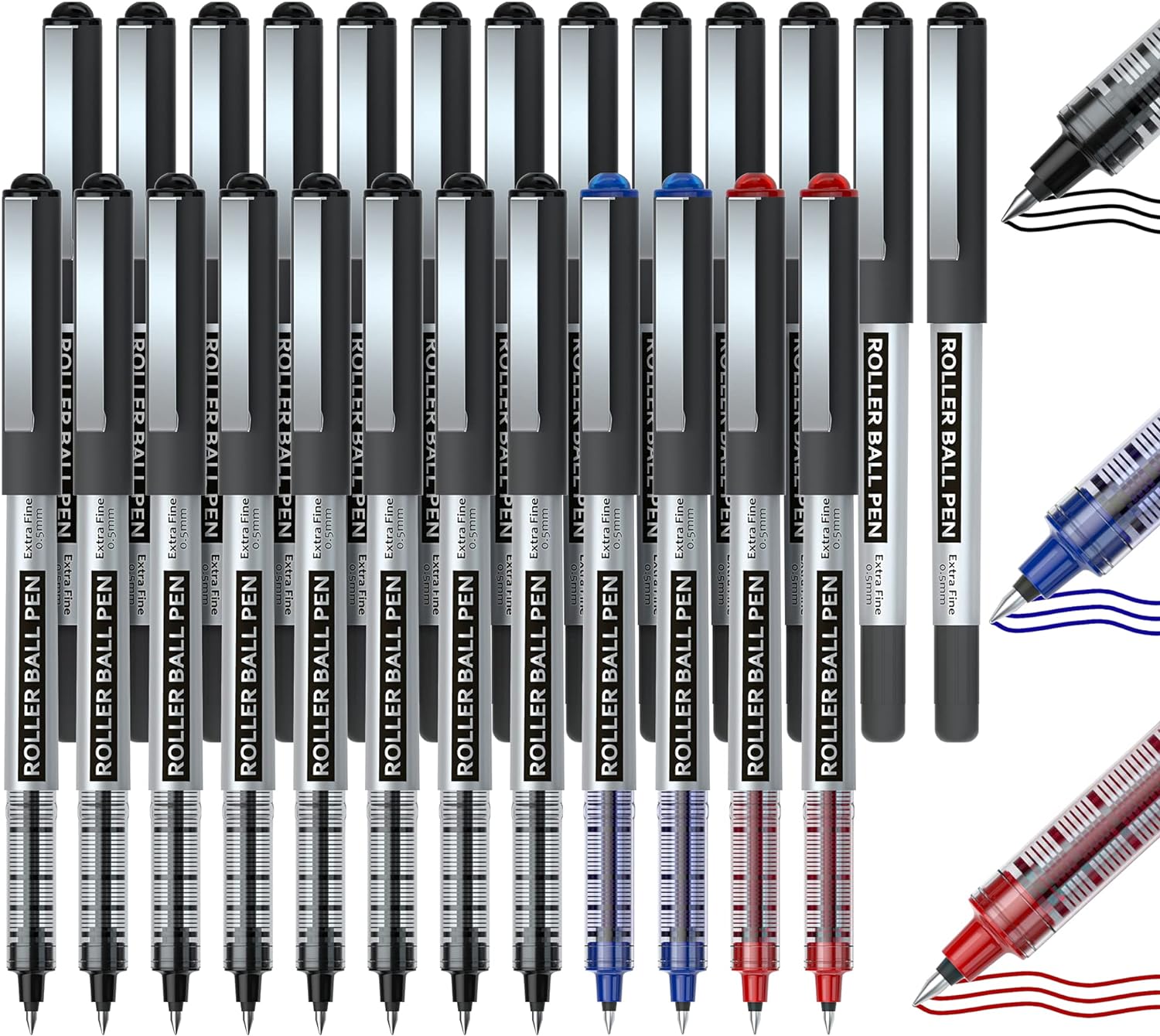 Shuttle Art Rollerball Pens, 25 Pack (21 Black, 2 Blue, 2 Red) 0.5mm Liquid Ink Pens, Quick Drying & Long Lasting Extra Fine Point Pens for Writing, Journaling, Notes Taking School Office Supplies-0