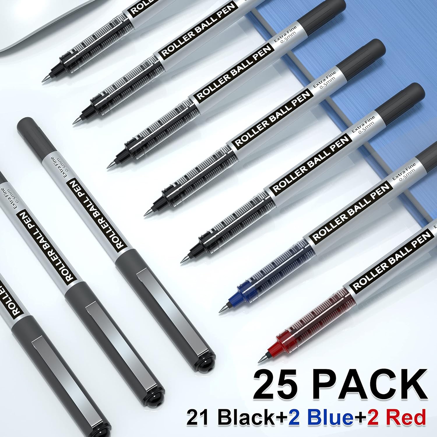 Shuttle Art Rollerball Pens, 25 Pack (21 Black, 2 Blue, 2 Red) 0.5mm Liquid Ink Pens, Quick Drying & Long Lasting Extra Fine Point Pens for Writing, Journaling, Notes Taking School Office Supplies-2