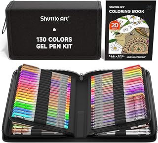 Shuttle Art Gel Pens, 130 Colours Gel Pen with 1 Colouring Book in Travel Case for Adults Colouring Books Drawing Crafts Scrapbooking Journaling