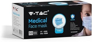 V-TAC Face Masks with Ear Loop Disposable Type (Medical) Non-Woven, 3-Layer, Internal Point 50 Pieces Per Box (UK Stocks Available)