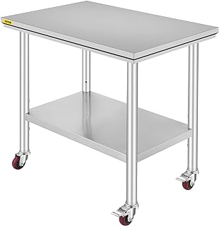 VEVOR Meal Prep Table, Stainless Steel, Metallic, 90x60x80cm