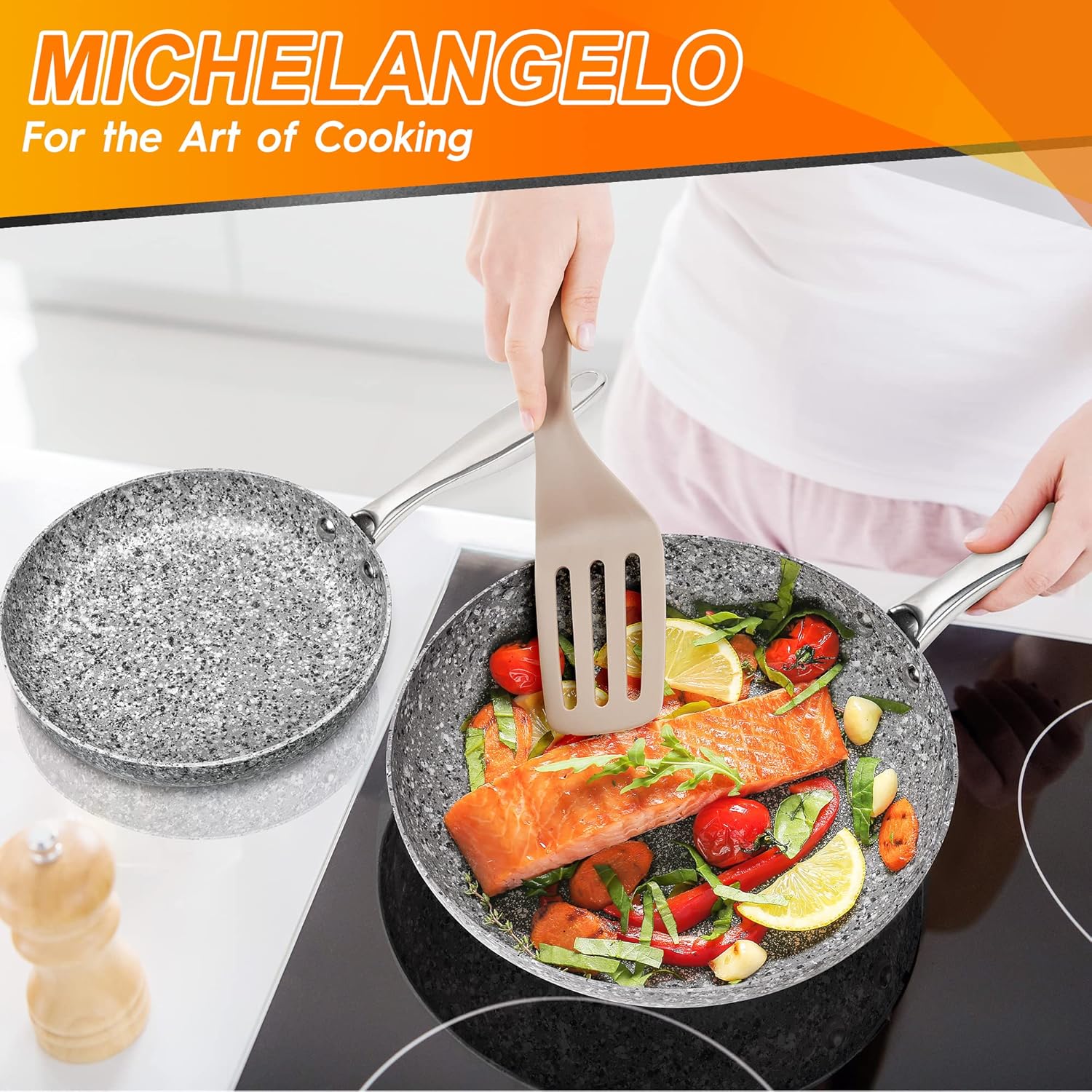 MICHELANGELO 30CM Frying Pan with Lid, Non Stick Frying Pan, Stone-Derived Coating Granite Frying Pan, Stone Frying Pan, Oven Safe, Induction Compatible-6