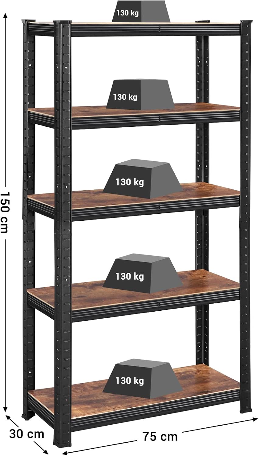 SONGMICS Shelving Unit, 30 x 75 x 150 cm, 650 kg Load Capacity (130 kg per Shelf), Industrial, Adjustable Storage Shelves, for Living Room, Kitchen, Garage, Rustic Brown and Black GLR030B01-2