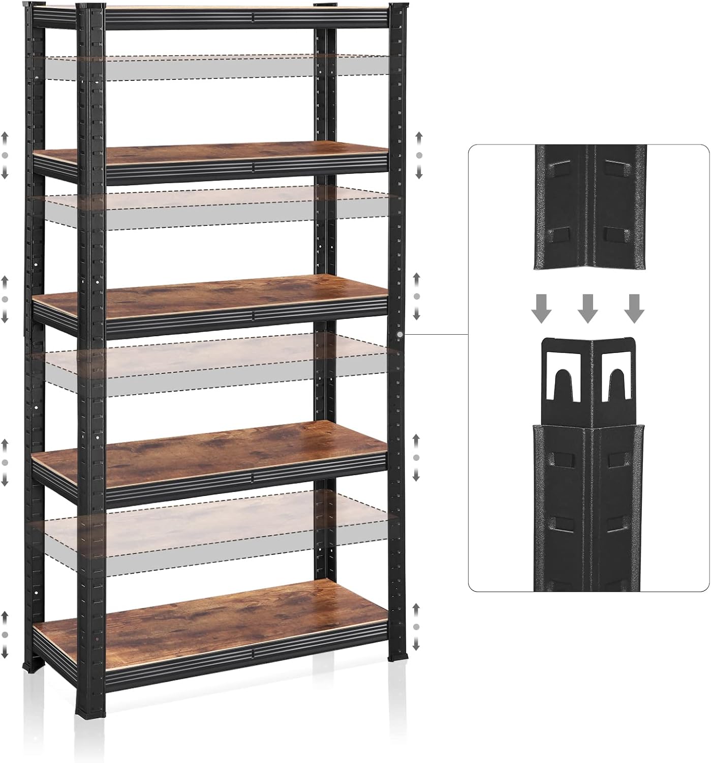 SONGMICS Shelving Unit, 30 x 75 x 150 cm, 650 kg Load Capacity (130 kg per Shelf), Industrial, Adjustable Storage Shelves, for Living Room, Kitchen, Garage, Rustic Brown and Black GLR030B01-4