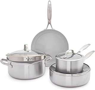 GreenPan Venice Pro Tri-Ply Stainless Steel Healthy Ceramic Non-Stick 7 Piece Cookware Pots and Pans Set, PFAS Free, Multi Clad, Induction, Oven Safe, Silver