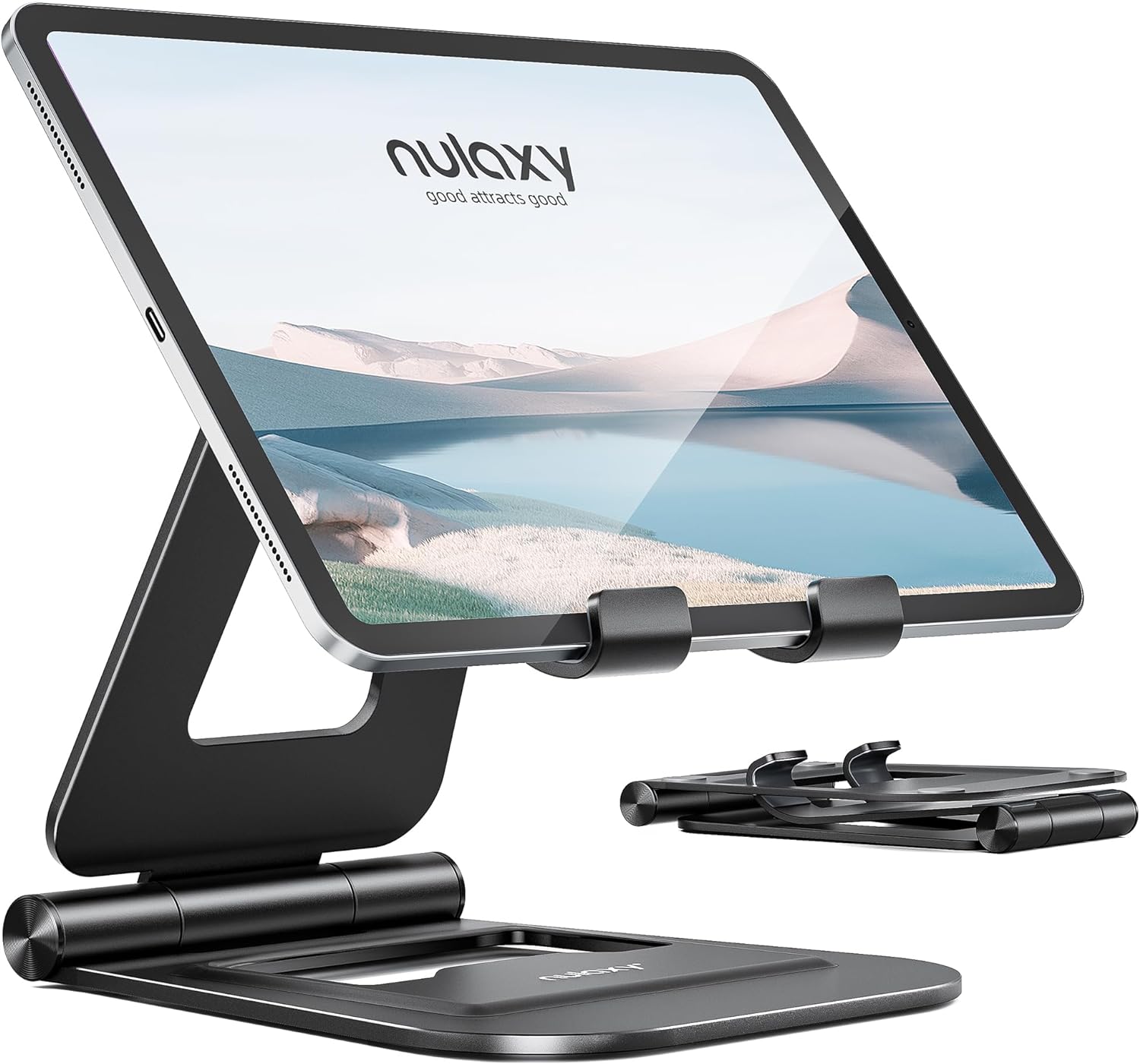 NULAXY Aluminum Dual Foldable iPad Stand, Fully Adjustable Desktop Tablet Holder, iPad Accessories for Office Compatible with Mobile Devices iPad Pro/Air/Mini, iPhone Pro/Max/Plus, Black-0