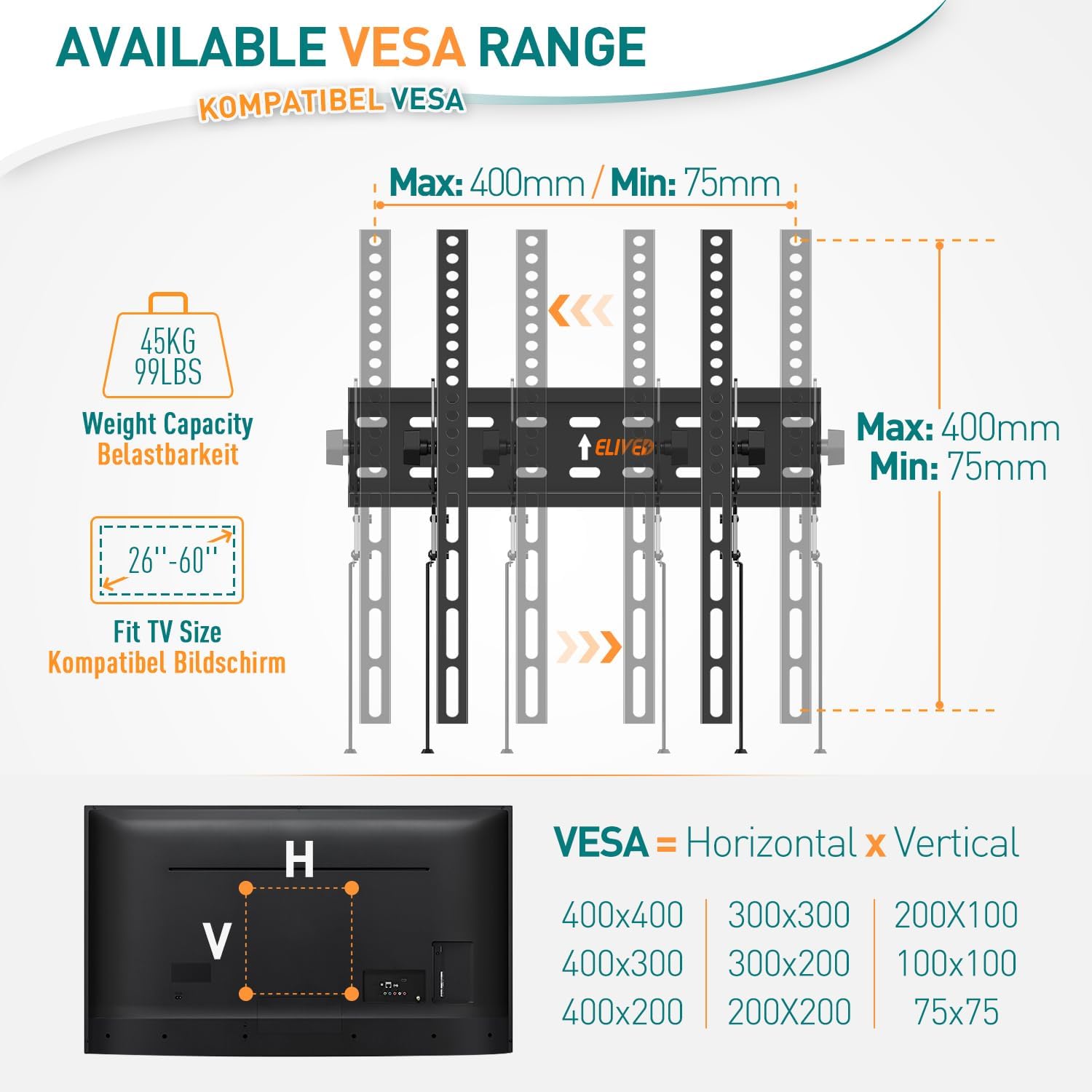 ELIVED Tilt TV Wall Bracket, Ultra Slim TV Mount for Most of 26-60 inch Flat or Curved LCD, LED, OLED TVs with VESA 75x75mm-400x400mm up to 45KG, Tool-free Adjustable Tilting TV Bracket EV007-3