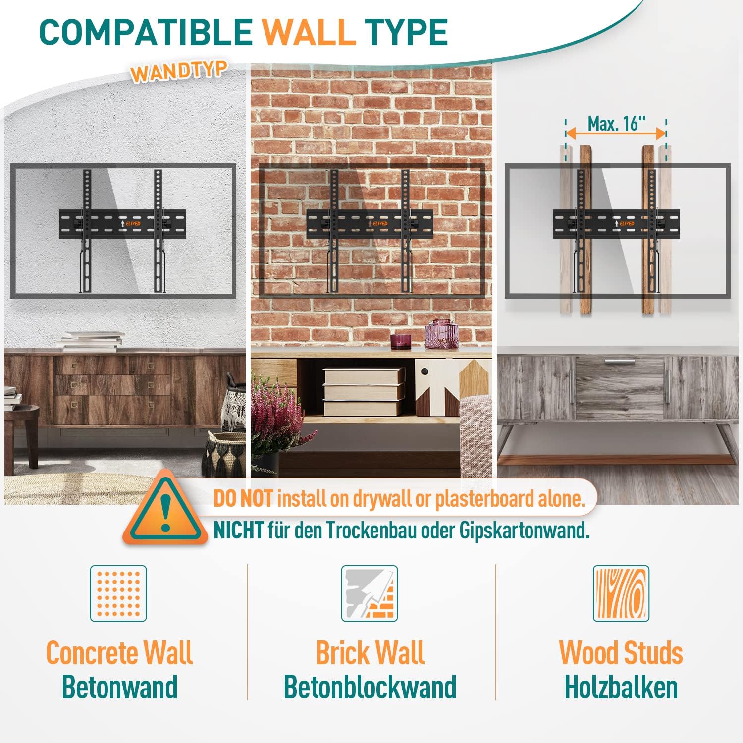 ELIVED Tilt TV Wall Bracket, Ultra Slim TV Mount for Most of 26-60 inch Flat or Curved LCD, LED, OLED TVs with VESA 75x75mm-400x400mm up to 45KG, Tool-free Adjustable Tilting TV Bracket EV007-6