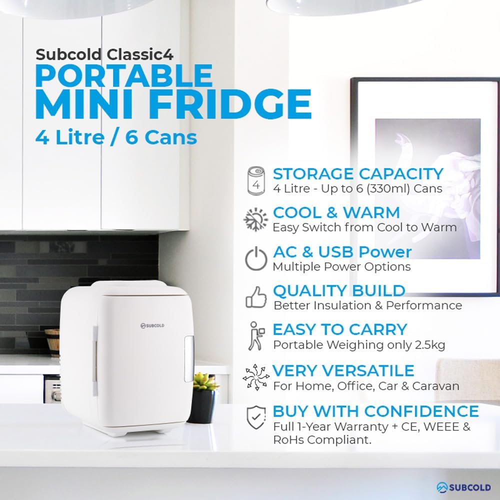 Subcold Classic4 Mini Fridge - Cooler & Warmer | 4 Litre/6 Cans | AC+USB | Portable Small Fridge for Skincare, Bedroom, Dorm, Car, Travel (White)-2