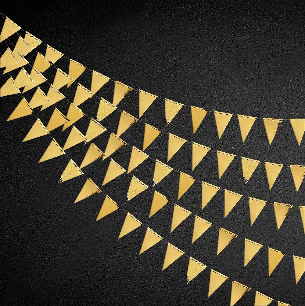 40 Ft Gold Triangle Flags Banner Double Sided Metallic Paper Pennant Bunting Garland for Wedding Baby Bridal Shower Birthday Bachelorette Engagement Christmas Hen Party Decoration Supplies-0