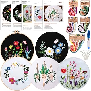 FEPITO 5 Sets Embroidery Starter Kit with Pattern and Instructions Cross Stitch Kit Including 5 Pcs Embroidery Clothes with Floral Pattern, 2 Pcs Plastic Embroidery Hoops, Color Threads Needle Kit