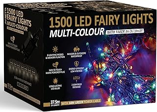 Christmas Tree Lights 1500 LED 37.5m Multi-Colour - 2.5cm Bulb Distance Fairy String Lights Plug in with Timer and Memory Functions - Suitable for Outdoor/Indoor Use