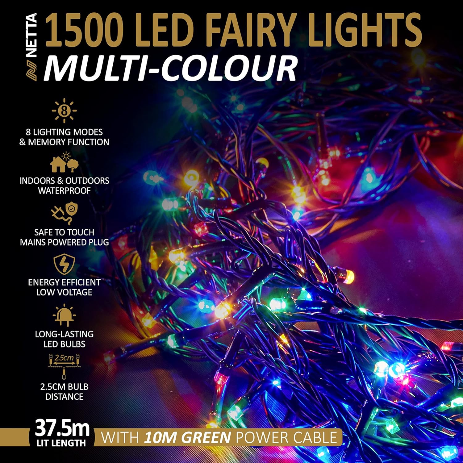 Christmas Tree Lights 1500 LED 37.5m Multi-Colour - 2.5cm Bulb Distance Fairy String Lights Plug in with Timer and Memory Functions - Suitable for Outdoor/Indoor Use-1