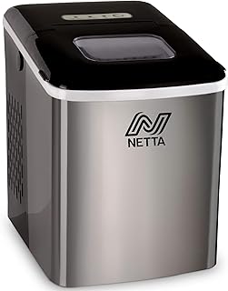 NETTA Ice Maker Machine for Home Use Makes Cubes in 10 Minutes - Large 12kg Capacity 1.8L Tank - No Plumbing Required - Includes Scooper and Removable Basket - Stainless Steel & Black