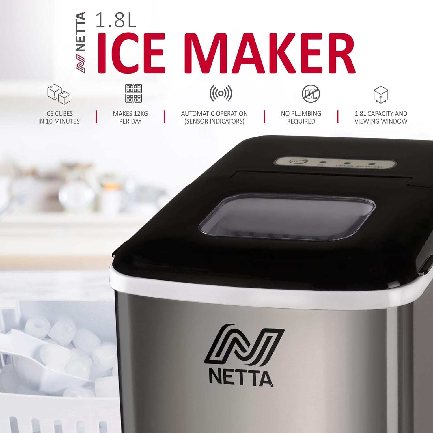 NETTA Ice Maker Machine for Home Use Makes Cubes in 10 Minutes - Large 12kg Capacity 1.8L Tank - No Plumbing Required - Includes Scooper and Removable Basket - Stainless Steel & Black-1