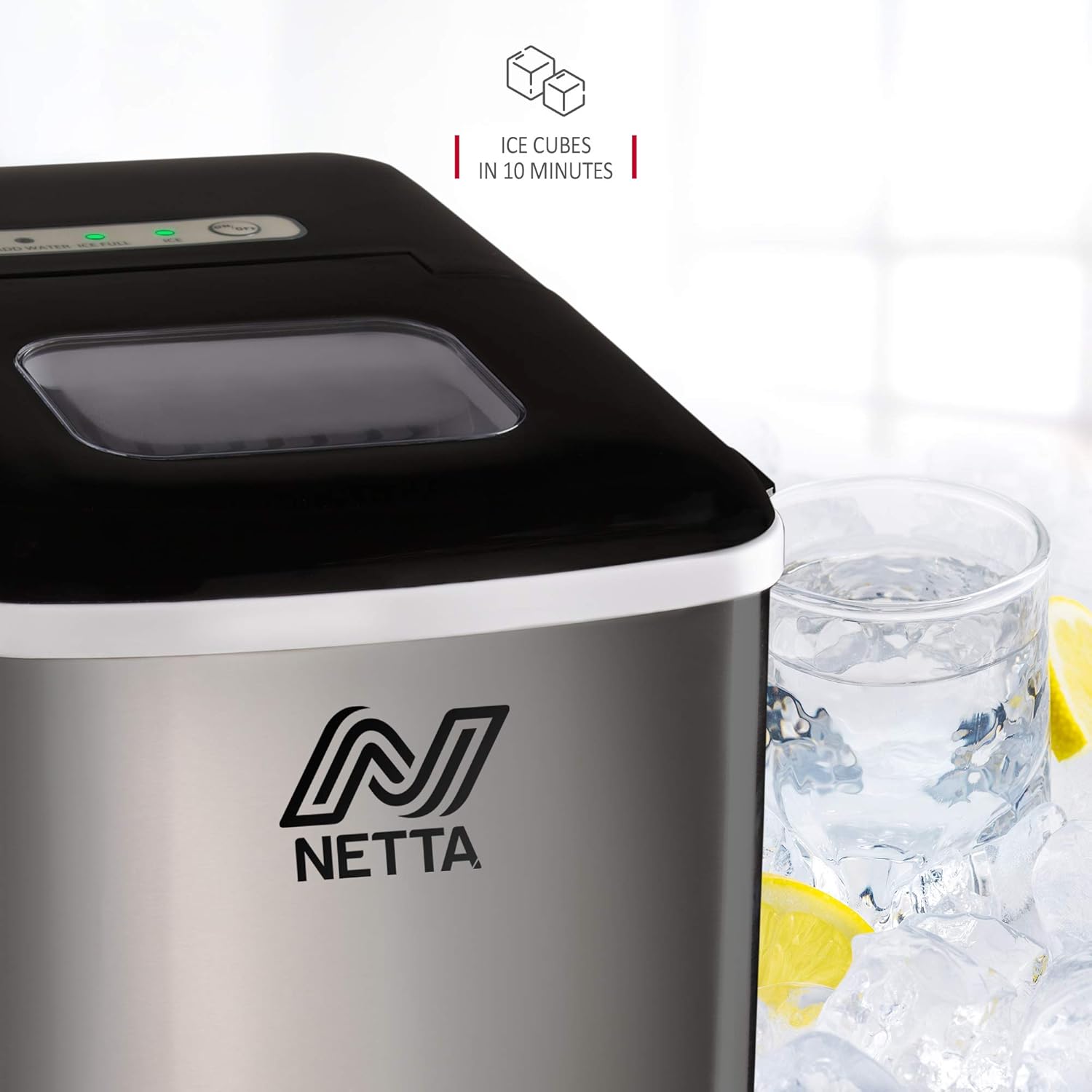 NETTA Ice Maker Machine for Home Use Makes Cubes in 10 Minutes - Large 12kg Capacity 1.8L Tank - No Plumbing Required - Includes Scooper and Removable Basket - Stainless Steel & Black-2