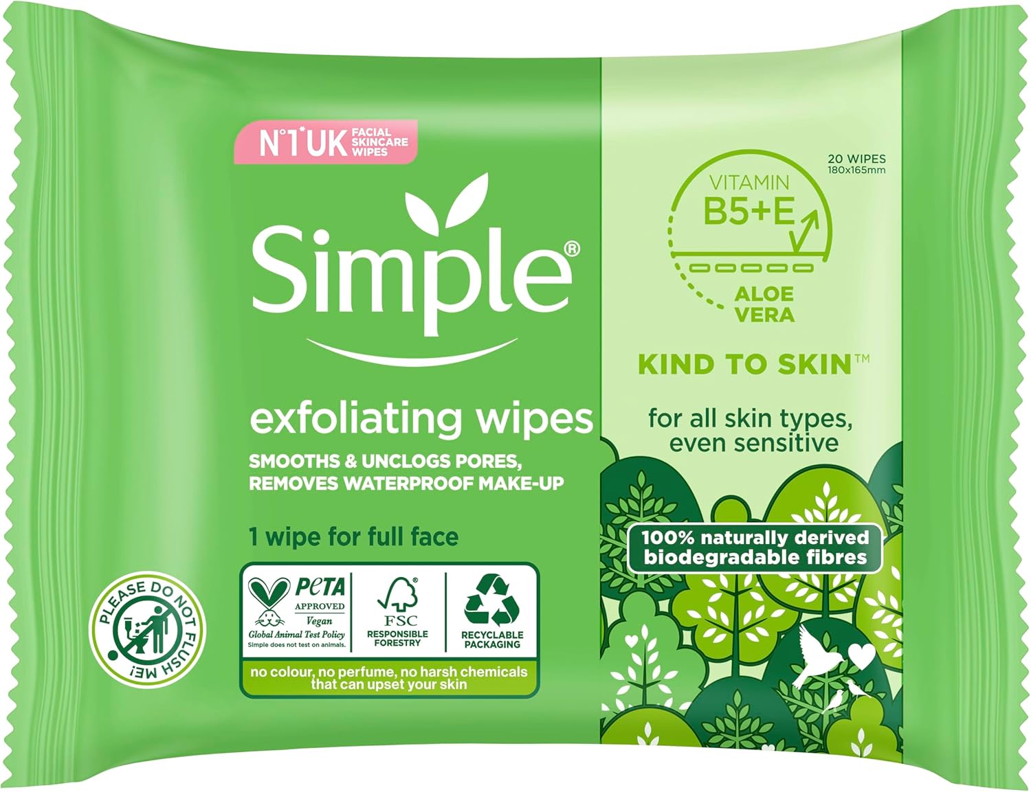 Simple biodegradable Exfoliating Face Wipes cleansing wipes to smooth skin and unclog pores for sensitive skin 20 wipes-0