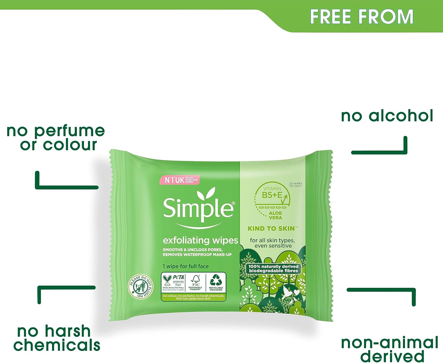 Simple biodegradable Exfoliating Face Wipes cleansing wipes to smooth skin and unclog pores for sensitive skin 20 wipes-2