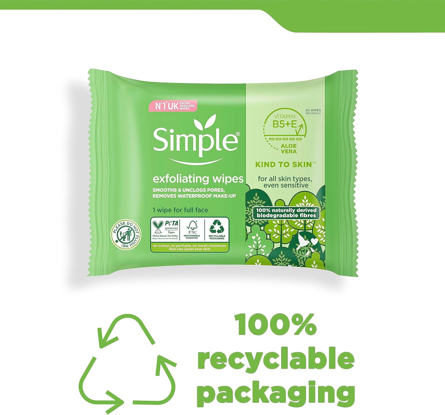 Simple biodegradable Exfoliating Face Wipes cleansing wipes to smooth skin and unclog pores for sensitive skin 20 wipes-4