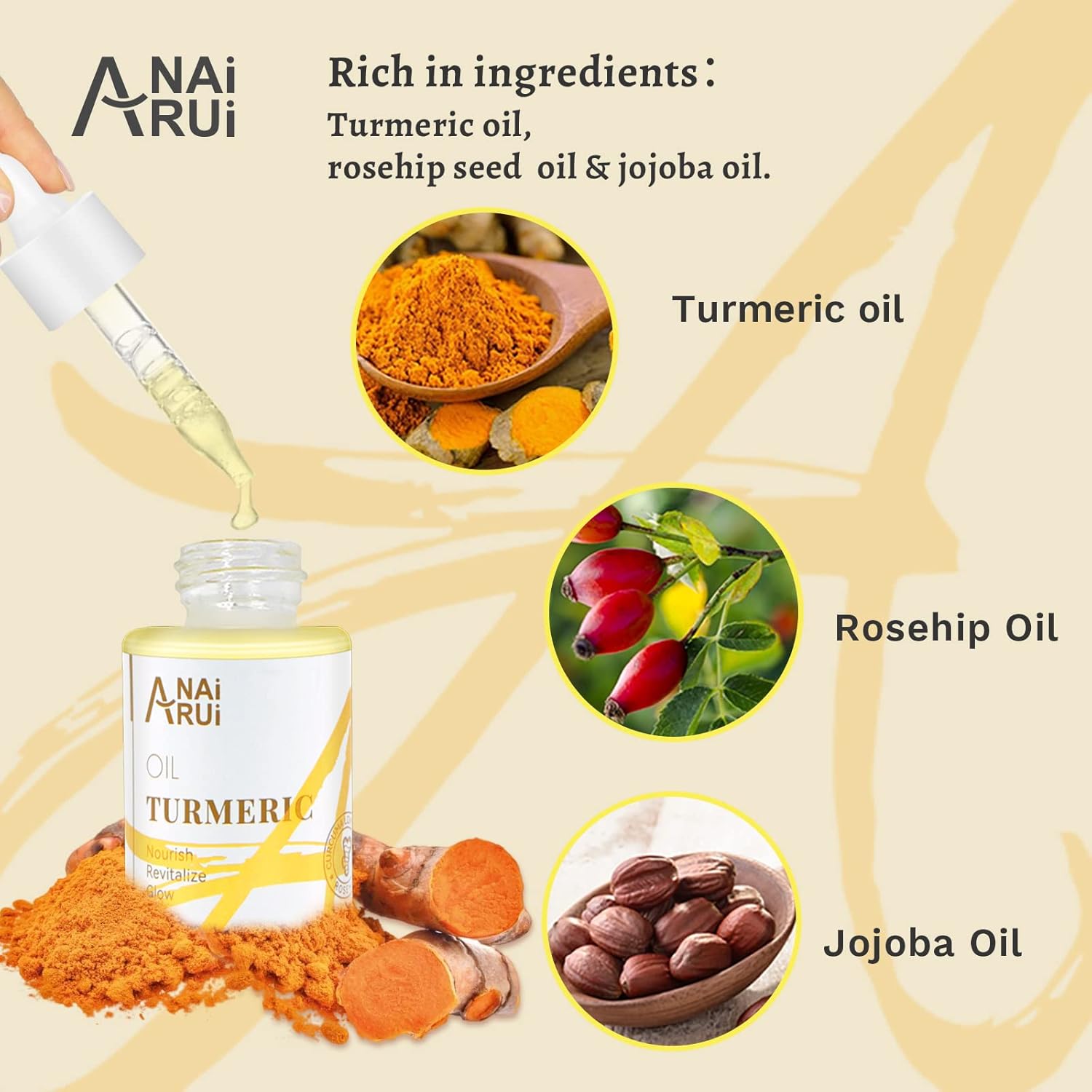 ANAiRUi Turmeric Glow Oil, Anti-Aging Skin Care for Face, Neck and Eyes - Reduces Freckles, Nourishes, Hydrates, Firms Skin, Diminishes Fine Lines and Wrinkles (30ml)-2