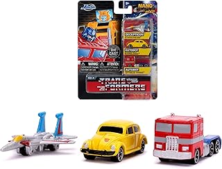 Jada Toys 253111005 Transformers Set of 3 Nano Collectible Die-Cast Optimus Prime, Starscream, G1 Bumblebee VW Beetle, Toy Cars, Set, 4 cm, from 8 Years, Silver/Yellow/Red