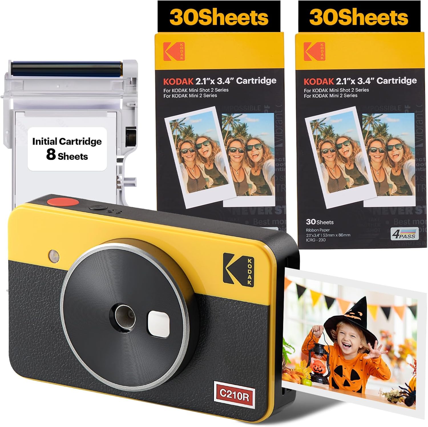 KODAK Mini Shot 2 Retro 4PASS 2-in-1 Instant Camera and Photo Printer (5.4 x 8.6 cm) + 68 Sheet Pack, Yellow-0