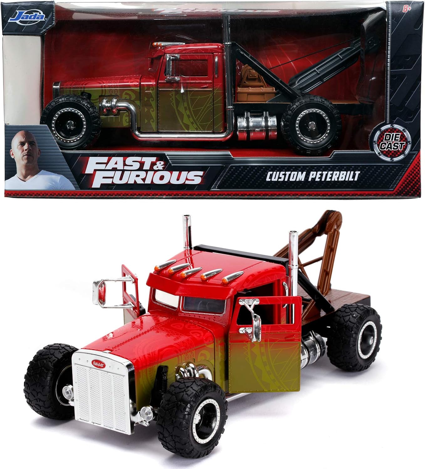 Jada Toys Fast & Furious Hobbs and Shaw Custom Peterbilt Truck Car Tuning Model 1:24 Opening Doors wheel Red/Yellow-7