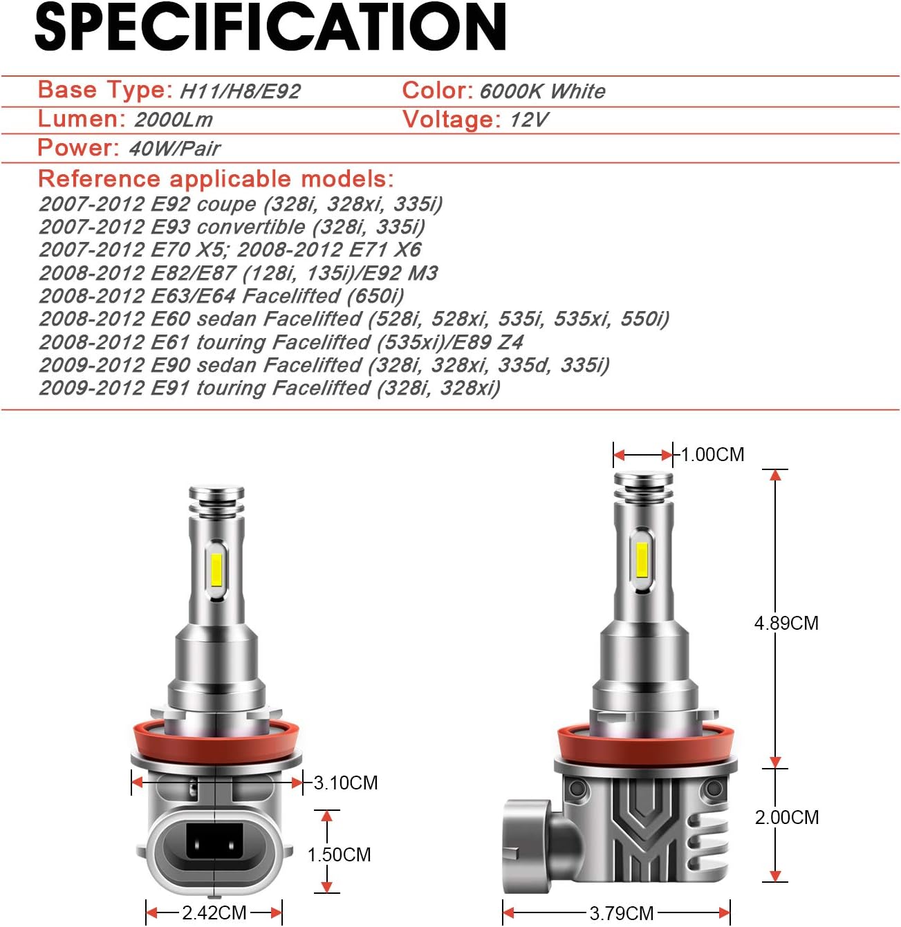 TECTICO H8 LED Angel Eyes Fog Lights 6000K Xenon White Canbus Error Free 12V 40W Headlight Bulbs DRL Halo Ring for E60 E92 E90 E91 E93 E70 X5 E71 E72 X6 E82 E87 E61 E63 E64, 2 Lamps-5