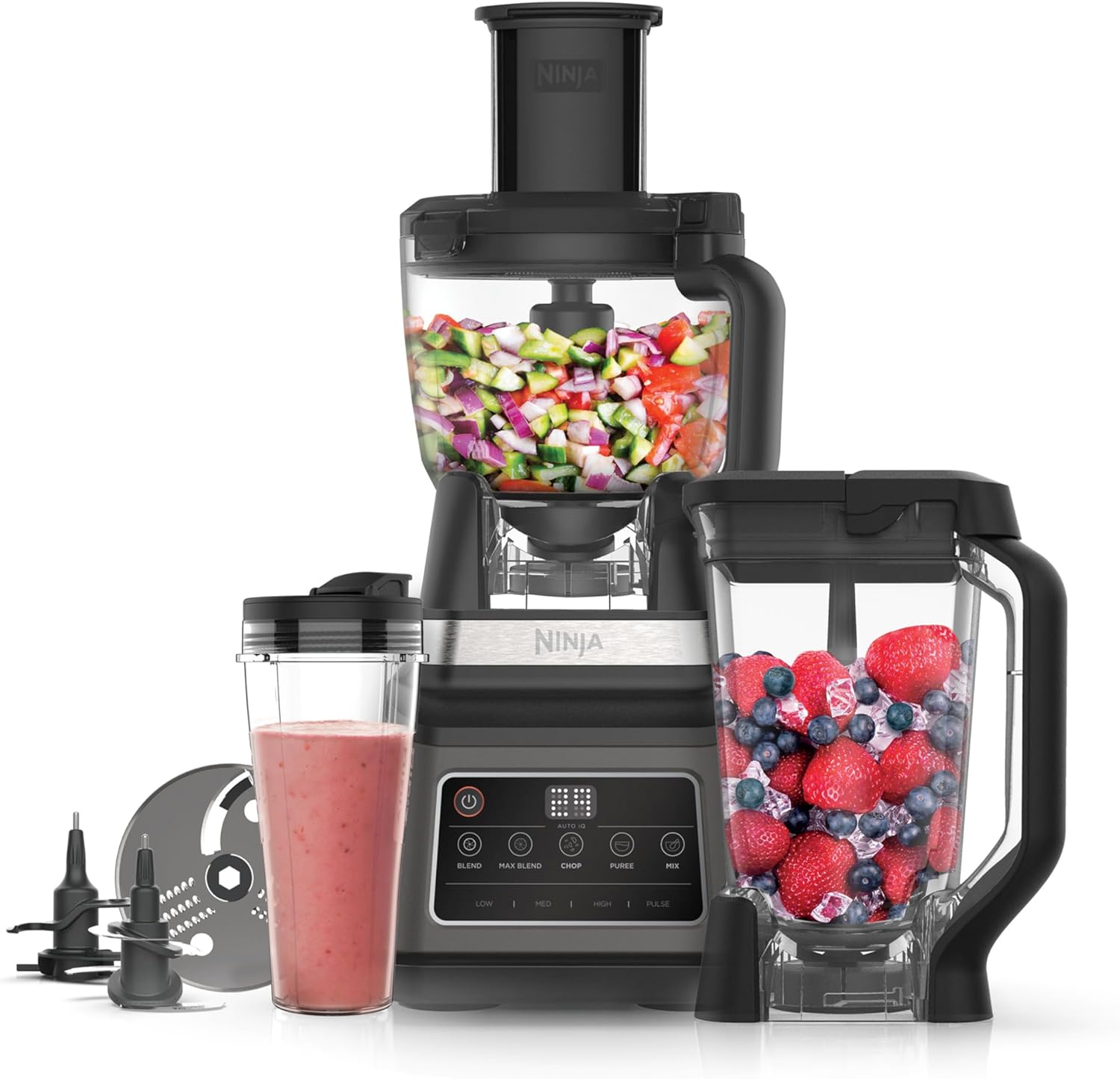 Ninja 3-in-1 Food Processor & Blender with 5 Automatic Programs: Blend, Max Blend, Chop, Mix, Puree, 1.8L Bowl, 2.1L Jug, 700ml Cup, 1200W, Dishwasher Safe Parts, Auto-iQ, Black BN800UK-0