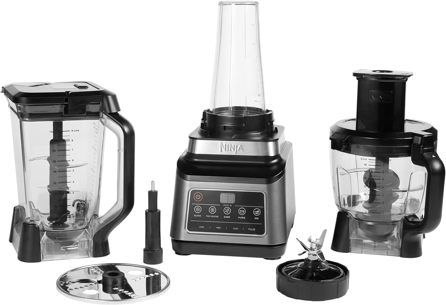 Ninja 3-in-1 Food Processor & Blender with 5 Automatic Programs: Blend, Max Blend, Chop, Mix, Puree, 1.8L Bowl, 2.1L Jug, 700ml Cup, 1200W, Dishwasher Safe Parts, Auto-iQ, Black BN800UK-9