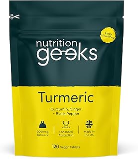 Nutrition Geeks Turmeric Tablets 2000 mg with Black Pepper & Ginger, High Strength Curcumin Supplements, Vegan and Gluten Free, UK Made, 120 Count