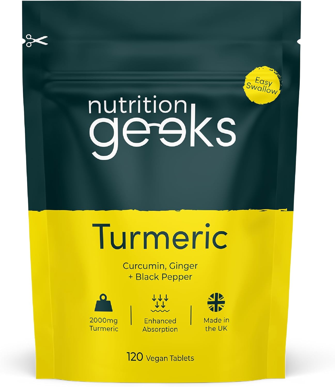 Nutrition Geeks Turmeric Tablets 2000 mg with Black Pepper & Ginger, High Strength Curcumin Supplements, Vegan and Gluten Free, UK Made, 120 Count-0